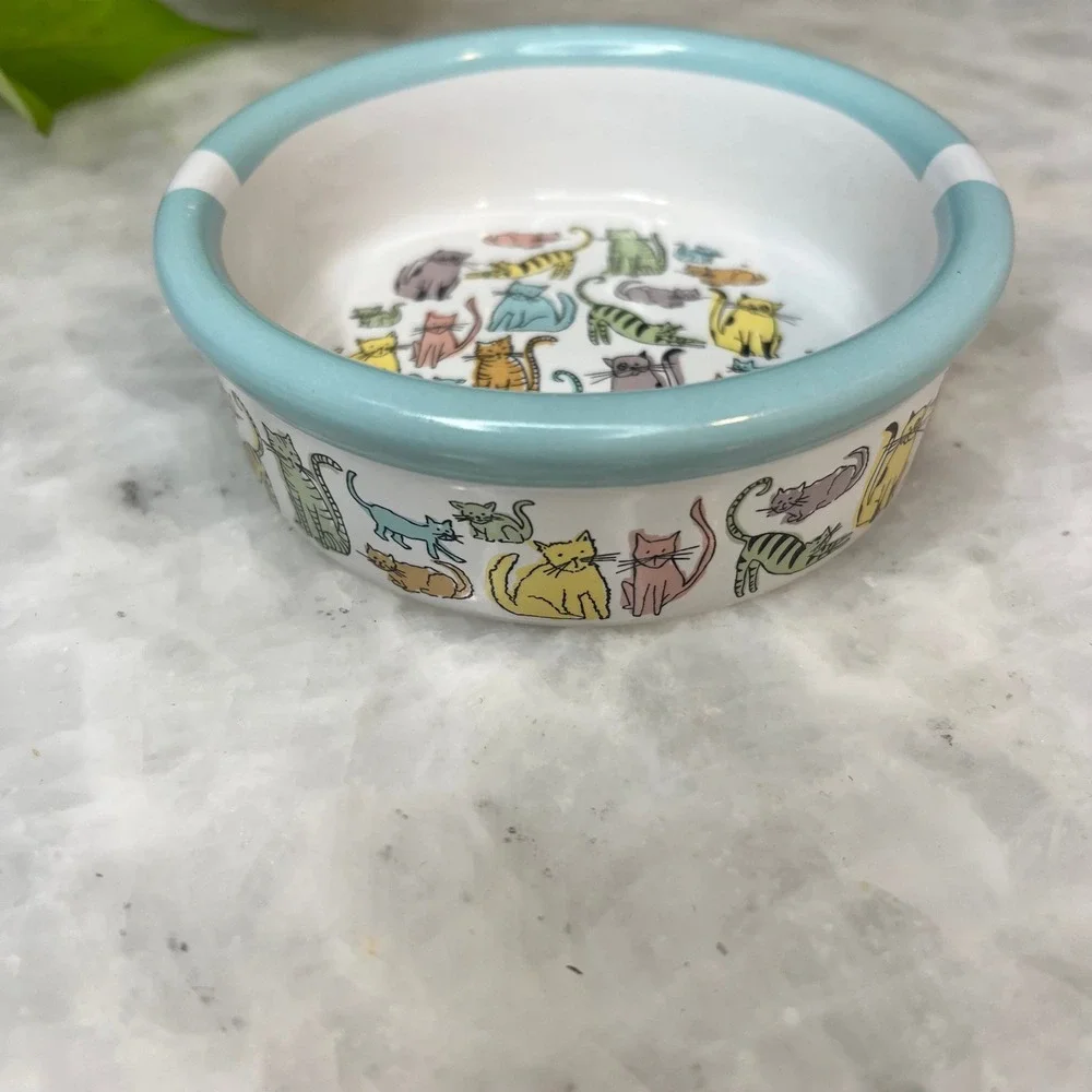 Whimsical Harmony Cat Town Stoneware Pet Bowl Blue Rim Dishwasher